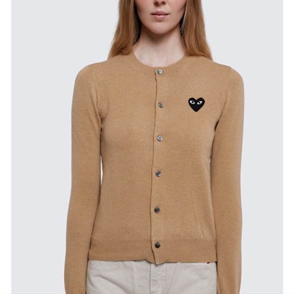 NWOT Play Comme des Garcons 100% Wool Tan Camel Cardigan Sweater Size Large